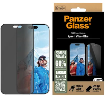 Obrázek produktu pro PanzerGlass ® 2-Way Privacy Screen Protector iPhone 16 Pro | Ultra-Wide Fit w. EasyAligner, Apple, Apple - iPhone 16 Pro, Aplikace nasucho, Odolné proti poškrábání, Odolný proti nárazům, Průhledná, 1 kusů