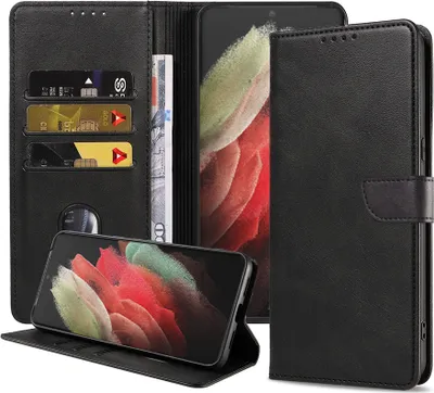 Productafbeelding van Geschikt voor Samsung Galaxy S21 Ultra.Telefoonhoesje van kunstleer met magnetische sluiting en pasjeshouder. Book case met klepje - Zwart - Smartphonica