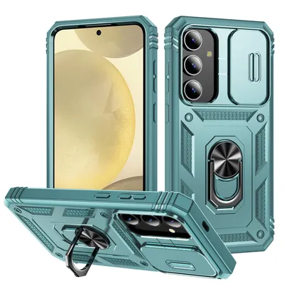 Multiple views of a teal phone case with a sliding camera cover and ring holder.