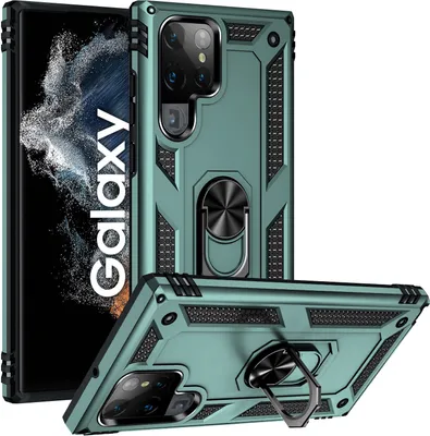 Produktbild von Schutzhülle für Samsung Galaxy S22 Ultra 5G, Dual Layer Robust Militäre Fallschutz Hülle mit Ringhalterung Ständer Grün