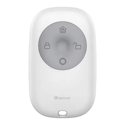 A white remote control with a gray circular button interface.