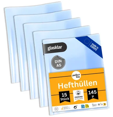 Produktbild von perfect line 15 Hefthüllen A5 glasklar PP 145 my Heftschoner extra stark transparent
