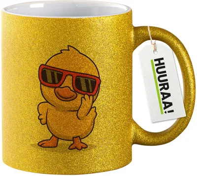 Produktbild von Huuraa Glitzertasse Cool Küken Comic 330ml Gold Keramik Kaffeebecher Geschenkidee