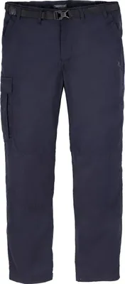 A pair of navy blue cargo pants with a black belt.