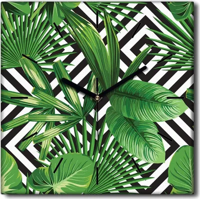 Produktbild von Coloray Uhr auf Leinwand 30x30 cm Wand Uhr Dekoration Wohnzimmer Segeltuch schwarze Hände -Palm verlässt Tropen
