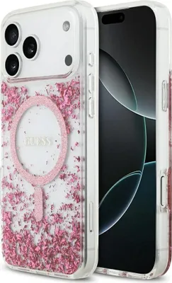 A clear product shot of a phone case with pink glitter inside, showing the MagSafe ring and the Guess logo.