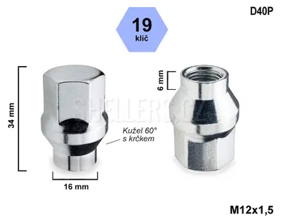 Obrázek produktu pro Kolová matice M12x1,5 kužel s krčkem 16 zavřená, klíč 19, D40P, výška 34 mm, délka krčku 6 mm