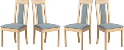Four dining chairs are shown against a white background.