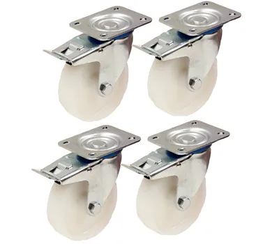 Produktbild von 100mm 4" Zoll Nylonrollen - Schwerlast-Lenkrollen mit Bremse 150kg pro Stück - Satz
