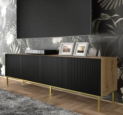 Produktbild von TV Schrank RAVENNA B 200 cm 4D rahmen ARTISAN EICHE / SCHWARZ MATT Lowboard mit Metallfüße Stehen Unterschrank Fernsehschrank Modern Loft TV Board Sideboard HiFi-Tisch Golden oder Schwarz Metallrahmen Beine mit gefräster fronten