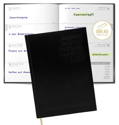 Produktbild von PlanWise Black Buchkalender 2027 A5 Flex-Hardcover - 1 Woche 2 Seiten liniert