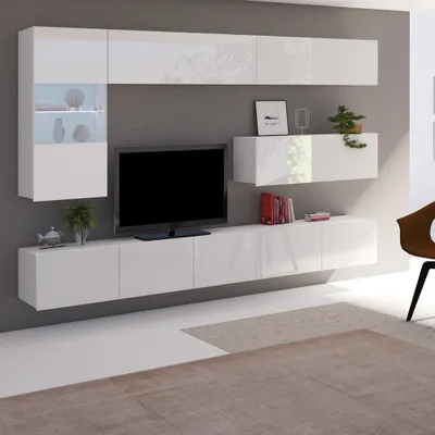 Produktbild von TV-Wohnwand mit LED Beleuchtung in weiß Hochglanz CAIRNS-132, B/H/T ca. 255/200/43 cm