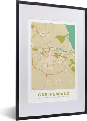 Produktbild von MuchoWow® Gerahmtes Poster Greifswald - Jahrgang - Karte - Stadtplan 40x60 cm - Poster mit Schwarzem Bilderrahmen Wandposter Rahmen Foto Bilder - Poster in Rahmen