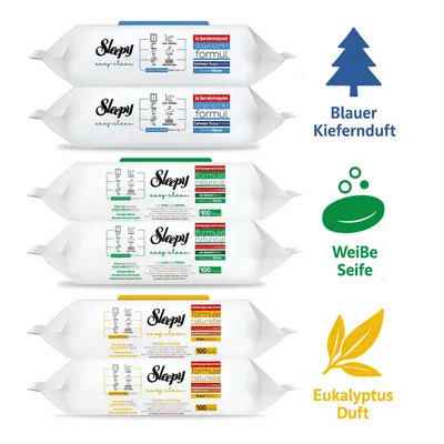 Produktbild von Sleepy Feuchttücher für alle Zwecke Reinigungstücher - 2x Weiße Seife, 2x Gelb Eukalyptusduft, 2x Blau Fichtenduft (600 Stück)