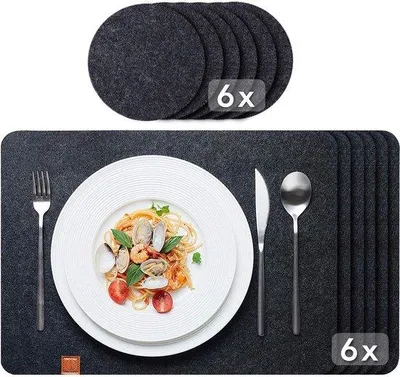 Produktbild von Unyqoos® Filz-Platzsets und Untersetzer, 12-tlg. (6 Platzsets 44×32 cm + 6 Untersetzer), Anthrazit, aus Filz, handwaschbar & abwischbar