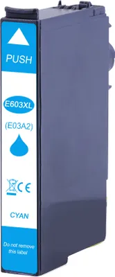 A cyan ink cartridge for an Epson printer.