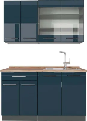 Produktbild von Singleküche Vicco Fame-Line Dunkelblau Hochglanz/Anthrazit 140 cm , AP Eiche, Model 49716