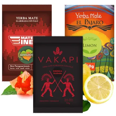 Produktbild von Mate Tee Mateine Vakapi Frucht Set 3x50g - Mate Tee mit Frucht - Yerba Mate-Tee mit Ashwagandha - Mate Tee mit Zitronengras - Mate-Tee mit Guarana