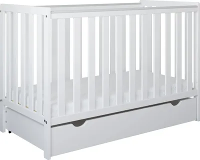 Produktbild von ZEE BAMBI Weiß Babybett 120x60 cm 2in1 mit Schublade & Schutzbarriere Klassisches Gitterbett 3-Fach Höhenverstellbar Kinderbett mit Beißschutz