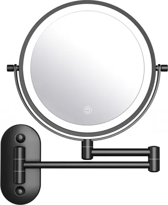 A black, wall-mounted, extendable makeup mirror with LED lighting.