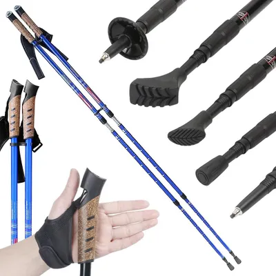 Immagine prodotto di Set di 2 bastoncini da trekking in alluminio blu Bastoncini da nordic walking telescopici da parete