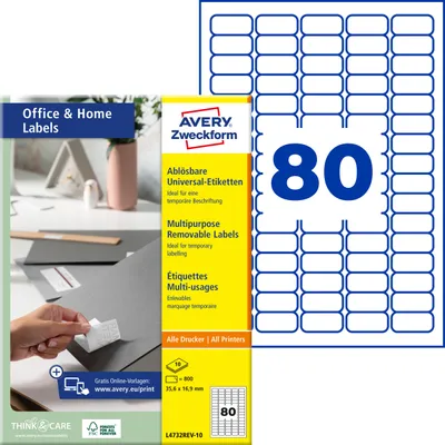 Produktbild von Avery Zweckform L4732REV-10, Etiketten, ablösbar, Home Office, Kleinpackung, A4, 35,6 x 16,9 mm, 800 Etiketten / 10 Bögen, weiß