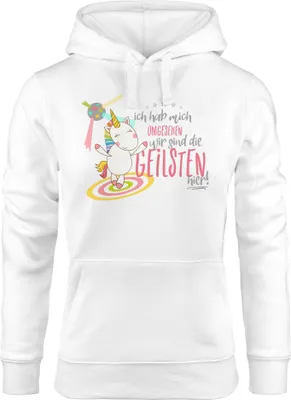 Produktbild von Damen Kapuzen-Pullover Ich hab mich umgesehen wir sind die geilsten hier Einhorn Party Disco Moonworks® weiß M
