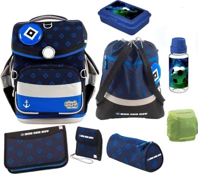 Produktbild von School Mood Fußball Schulranzen für Jungen 1. Klasse Hamburger SV Schultasche im Set 9-teilig mit Dose, Flasche und gefüllter Federmappe
