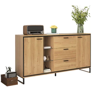Produktbild von Sideboard mit drei Schubladen, exquisite Maserung. Modernes Sideboard in Holzfarbe mit Ablagefächern – stilvolle und funktionale Wohnmöbel