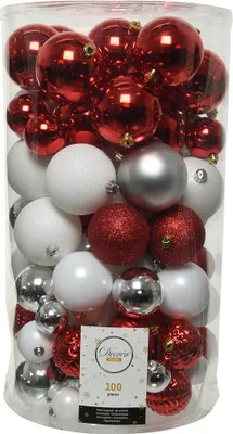 Produktbild von Weihnachtskugeln Kunststoff Mix 4-8cm rot / weiß / silber, 100er Set