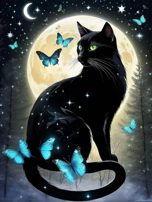 Image de Kit de peinture diamant - 5D, remplissage complet avec des strass carrés - Motif : chat noir et papillon - 30x40 cm