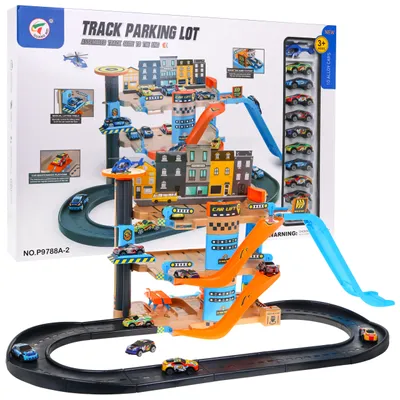 Image de parking de 4 étages avec ascenseur pour les enfants à partir de 3 ans, voitures, hélicoptère + toboggan