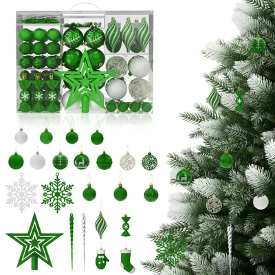 Produktbild von YZNAHRE Weihnachtskugeln Grün 138er Set Christbaumschmuck Weihnachtsdeko Plastik inkl. Christbaumkugeln, Stern, Schneeflocke Weihnachtsdekoration Weihnachtsschmuck