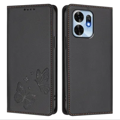 Image de Étui en cuir pour Honor X6D, étui de protection type portefeuille en cuir gaufré « papillon » avec support, noir