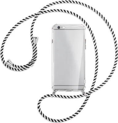 Produktbild von Handykette Backcover-Schutzhülle mit Band (Metall silberfarben) für Apple iPhone 6 Plus - schwarz/weiß gestreift