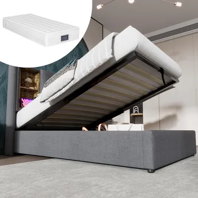 Produktbild von Einzelbett Kabelloses Laden USB-C Polsterbett 90x200 Stauraum Lattenrost Holz Grau Baumwolle Mit Matratze
