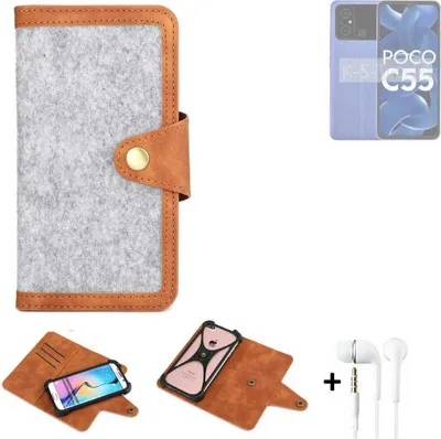 Produktbild von K-S-Trade Handyhülle + Kopfhörer kompatibel mit POCO C55 Schutzhülle Filz Hülle Kunstleder hellgrau braun (1x)