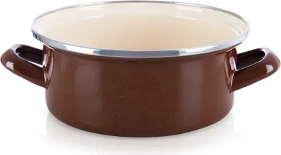 A brown enamel pot with two handles is shown against a white background.