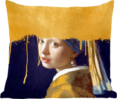 Produktbild von MuchoWow® Zierkissen Sofakissen Wohnzimmer Dekokissen 45x45 cm Mädchen mit einem Perlenohrring - Gold - Vermeer - Schlafpolster - Polster für das Sofa