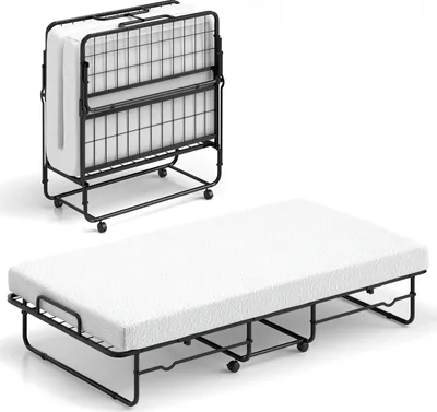 Produktbild von Skladacia posteľ pre hostí COSTWAY 90x190 cm, skladacia posteľ do 220 kg s 10 cm hrubým penovým matracom, kovový lamelový rošt, skladacia posteľ s kolieskami a kovovým rámom