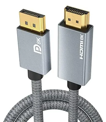 Produktbild von Aktives DisplayPort auf HDMI Kabel 2M - 8K@60Hz 4K@120Hz, direktional DP1.4-Quelle zu HDMI2.1-Display, Nylonummantelt, Aluminiumgehäuse, Plug & Play, für Laptop/PC/GPU zu Monitor/TV/Beamer