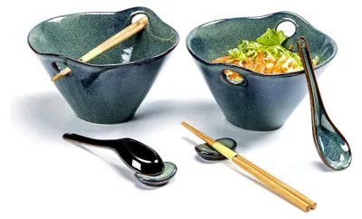 Produktbild von Salatschüssel Set aus Steingut, Ramen Nudel Suppenschalen mit Essstäbchen - 600 ml, Japanisches Geschirr
