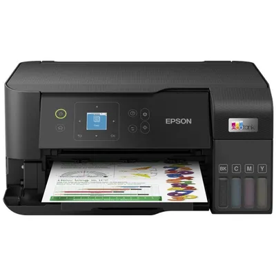 A black Epson EcoTank L3560 printer is shown from the front, printing a document.