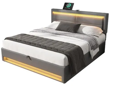 Immagine prodotto di Letto imbottito 140x190 cm, grigio, con spazio contenitore, porta USB, funzione di ricarica wireless, illuminazione LED, rivestimento in PU, senza materasso