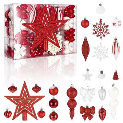 Weihnachtskugeln-Set, 88-teilig, Kunststoff, rot-weiß, mit Stern
