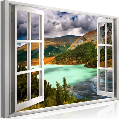 Produktbild von Modernes Wandbild Fensterblick 90x60 - 1 Teile Bilder Fotografie auf Vlies Leinwand Foto Bild Dekoration Wand Bilder Kunstdruck Gebirge Natur Landschaft c-C-0379-b-a