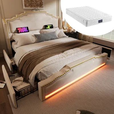 Image de OKWISH Lit Double 140x200 cm - Lit Ado Capitonné avec 4 Tiroirs, USB et LED, Velours Beige