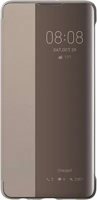 A close-up view of a brown flip phone case with a transparent window showing the phone's screen.