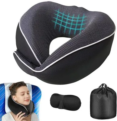 Zdjęcie produktu dla Poduszka ortopedyczna Unyqoos® z memory foam, zapewniająca ergonomiczne podparcie szyi – oddychająca, zdejmowana i zmywalna obudowa, w zestawie maska na oczy, zatyczki do uszu i pokrowiec, waga: 110 g