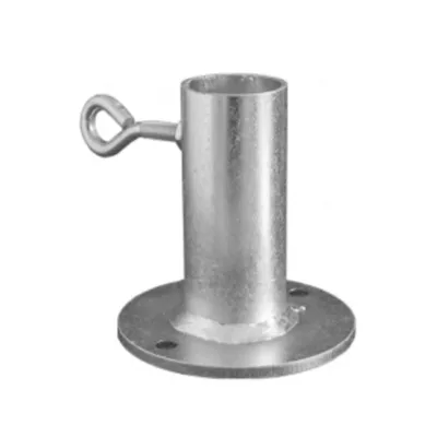 A silver metal base with a cylindrical tube and an eyelet attachment, isolated on a white background.